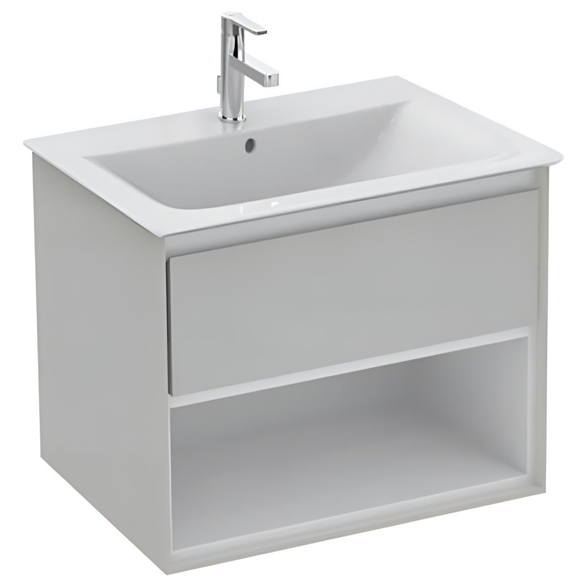 Ideal Standard Connect Air 1 Drawer Open Shelf Wall Hung Vanity Unit Only 600mm - Gloss Grey / Matt White - E0826EQ - TAP 'N' SHOWER