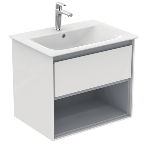 Ideal Standard Connect Air 1 Drawer Open Shelf Wall Hung Vanity Unit Only 600mm - Gloss White / Matt Grey - E0826KN - TAP 'N' SHOWER