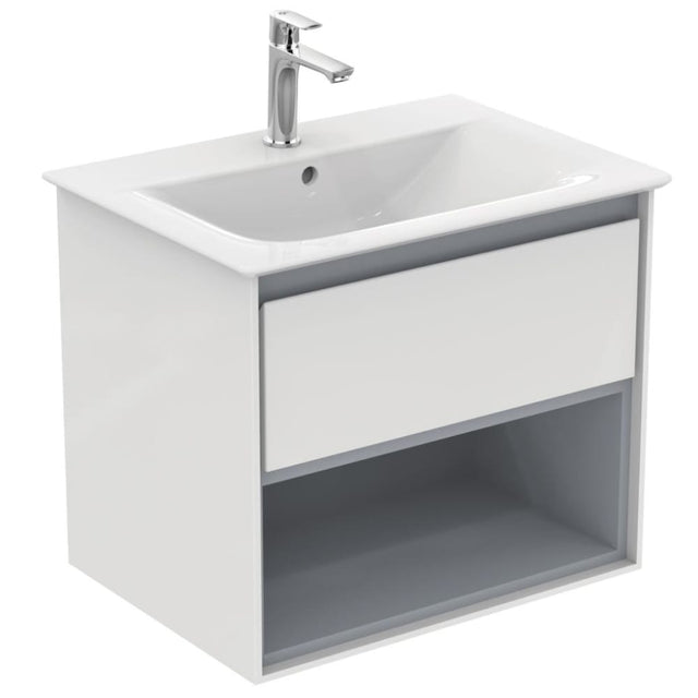 Ideal Standard Connect Air 1 Drawer Open Shelf Wall Hung Vanity Unit Only 600mm - Gloss White / Matt Grey - E0826KN - TAP 'N' SHOWER