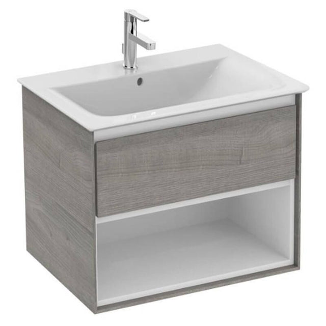 Ideal Standard Connect Air 1 Drawer Open Shelf Wall Hung Vanity Unit Only 600mm - Light Grey Wood / Matt White - E0826PS - TAP 'N' SHOWER