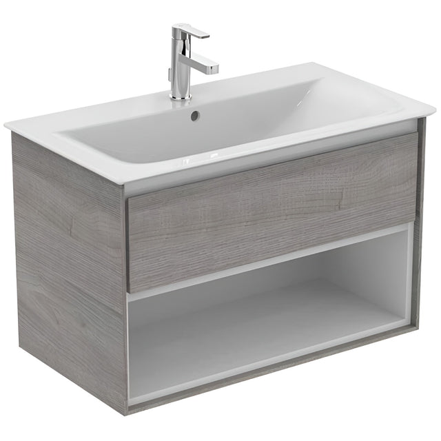 Ideal Standard Connect Air 1 Drawer Open Shelf Wall Hung Vanity Unit Only 800mm - Light Grey Wood / Matt White - E0827PS - TAP 'N' SHOWER