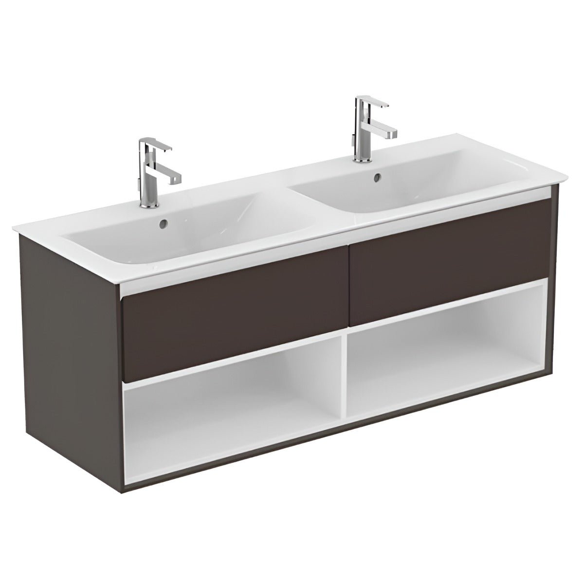 Ideal Standard Connect Air 2 Drawers Open Shelf Wall Hung Vanity Unit Only 1200mm Wide - Matt Dark Brown / Matt White - E0829VY - TAP 'N' SHOWER