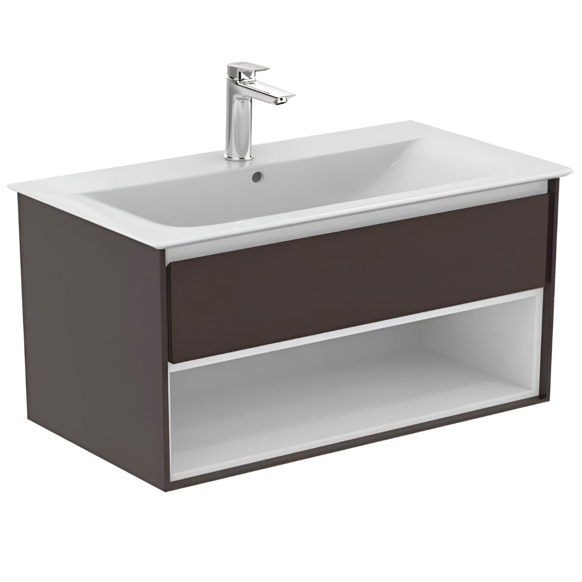 Ideal Standard Connect Air Wall Hung Vanity Unit Only 1 Drawer Open Shelf 1000mm Wide - Matt Dark Brown / Matt White - E0828VY - TAP 'N' SHOWER