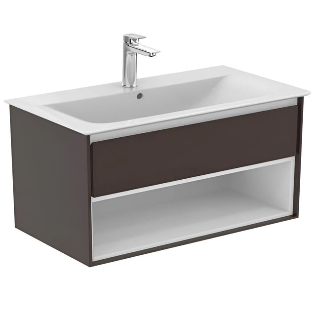 Ideal Standard Connect Air Wall Hung Vanity Unit Only 1 Drawer Open Shelf 1000mm Wide - Matt Dark Brown / Matt White - E0828VY - TAP 'N' SHOWER