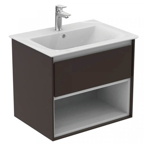 Ideal Standard Connect Air Wall Hung Vanity Unit Only 1 Drawer Open Shelf 600mm - Matt Dark Brown / Matt White - E0826VY - TAP 'N' SHOWER