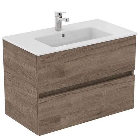 Ideal Standard Eurovit+ Wall Mounted Vanity Unit w/ 2 Drawers and Inlcuded Basin 1000mm - Flint Hickory - E3597Y9 - TAP 'N' SHOWER