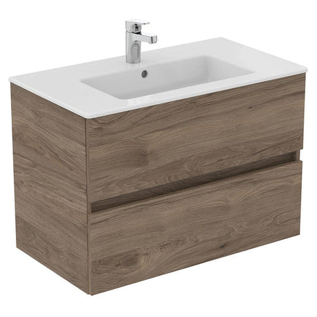 Ideal Standard Eurovit+ Wall Mounted Vanity Unit w/ 2 Drawers and Inlcuded Basin 700mm - Flint Hickory - E3595Y9 - TAP 'N' SHOWER