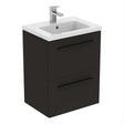 Compact 50cm wall hung Ideal Standard vanity unit in matt carbon grey with integrated white sink and two drawers without handles