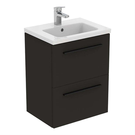 Compact 50cm wall hung Ideal Standard vanity unit in matt carbon grey with integrated white sink and two drawers without handles