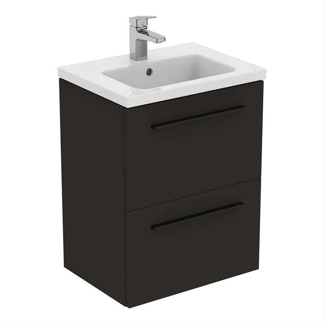 Compact 50cm wall hung Ideal Standard vanity unit in matt carbon grey with integrated white sink and two drawers without handles