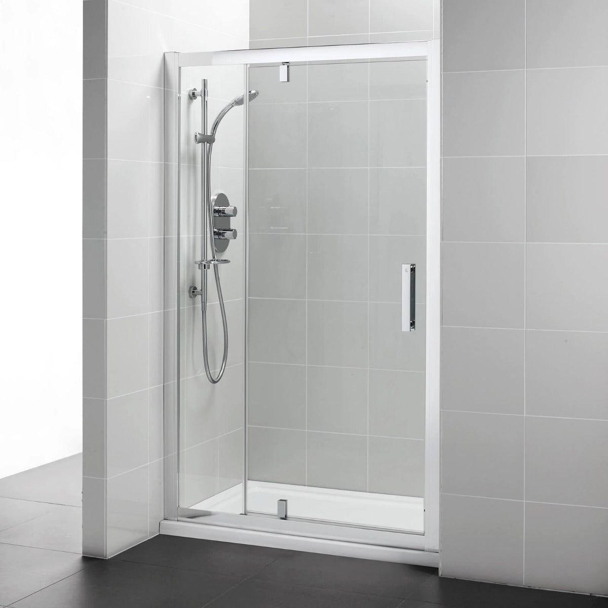 Ideal Standard Synergy Pivot Shower Door 1200mm With In - Line Panel And Silver Aluminium Frame - L6205EO - TAP 'N' SHOWER