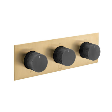 Vado Knurled X Fusion 3 Outlet Thermostatic Shower Valve with All-Flow Function - Brushed Gold/Black - IND-T128/3-H-XGBK