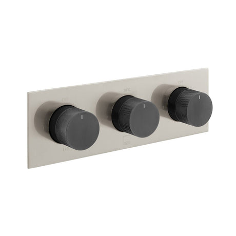 Vado Knurled X Fusion 3 Outlet Thermostatic Shower Valve with All-Flow Function - Brushed Nickel/Black - IND-T128/3-H-XNBK