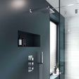 Modern bathroom shower showcasing Nuie Triple Handle Series L Concealed Shower Valve in chrome with triple handle controls beneath a ceiling-mounted rain showerhead.