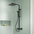 Nuie Square Mixer Shower thermostatic bar with matt black finish, fixed square shower head, and handheld shower kit in a modern bathroom setting