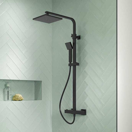 Nuie Square Mixer Shower Thermostatic Bar with Shower Kit and Fixed Head - Matt Black - JTY486