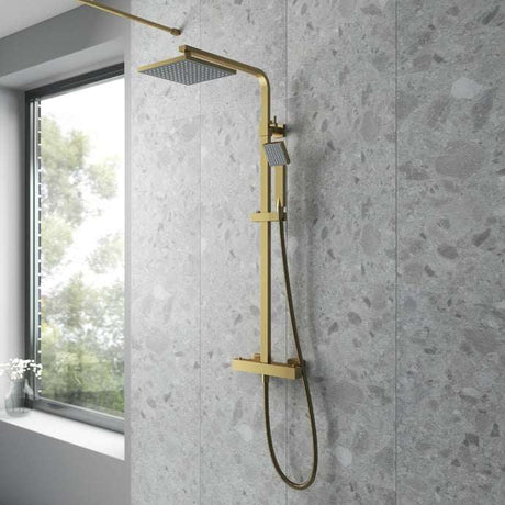 Nuie Square Thermostatic Fixed Head Mixer Bar Shower with Shower Kit  - Brushed Brass - JTY886