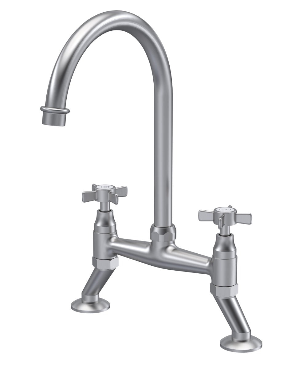 Launde Abbey Crosshead Handle Bridge Kitchen Sink Mixer Tap - Brushed Nickel
