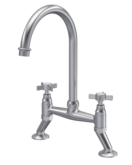 Launde Abbey Crosshead Handle Bridge Kitchen Sink Mixer Tap - Brushed Nickel