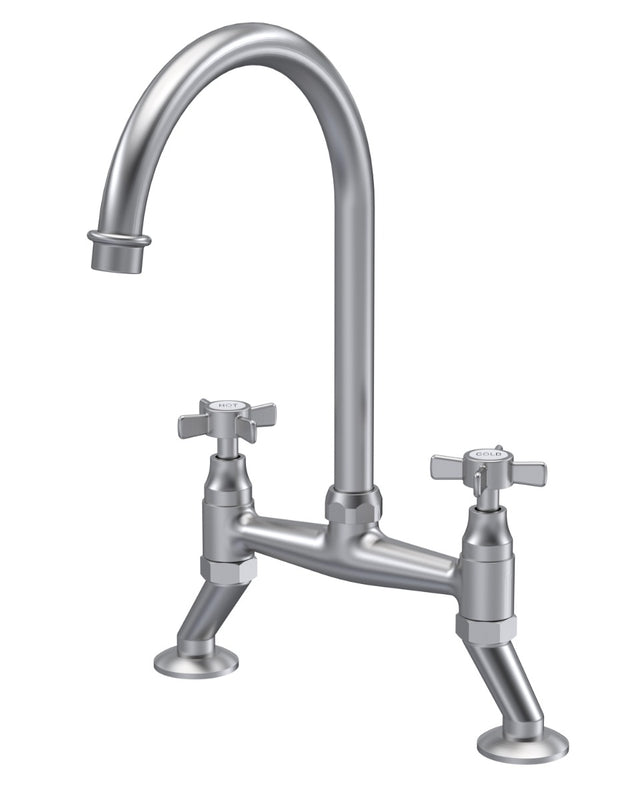 Launde Abbey Crosshead Handle Bridge Kitchen Sink Mixer Tap - Brushed Nickel