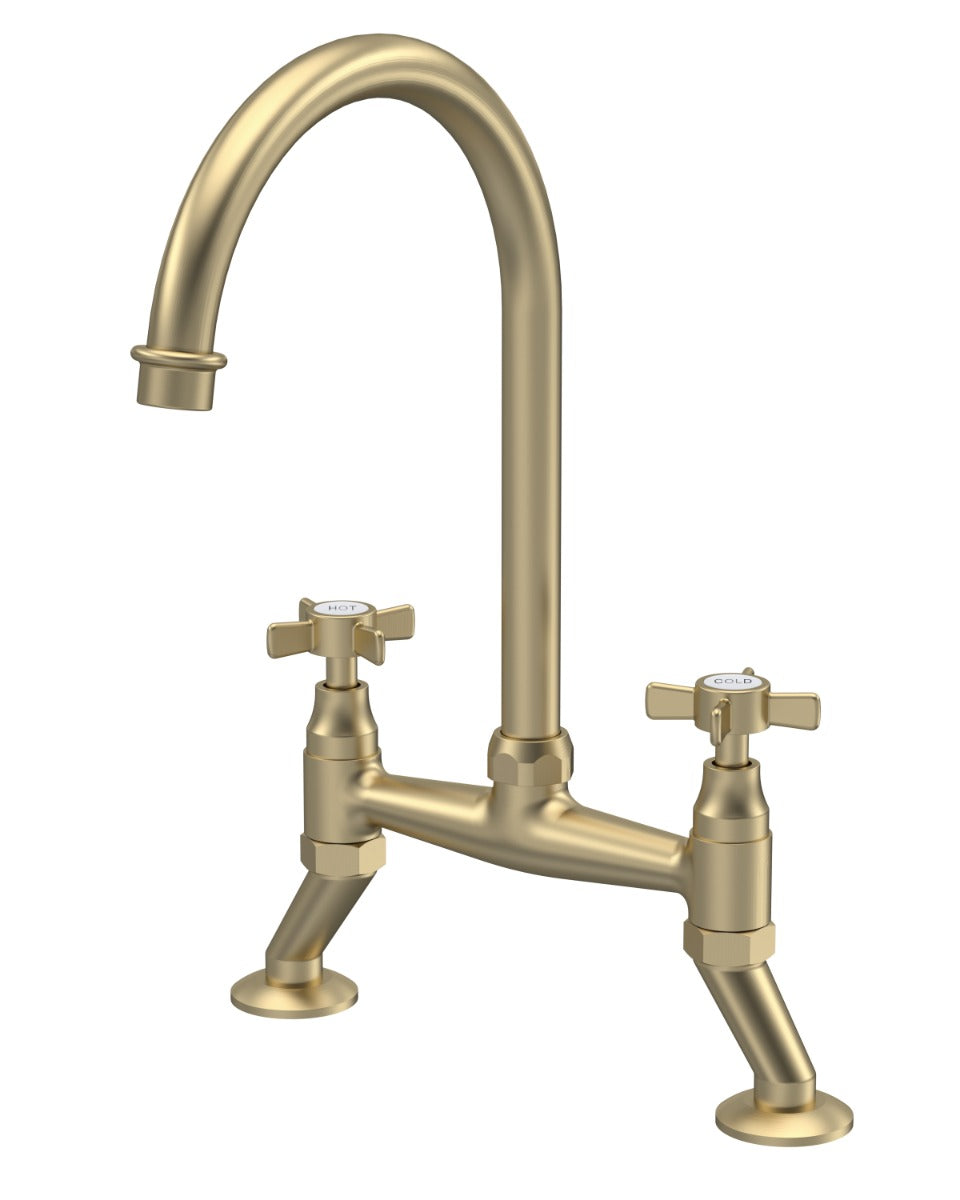 Launde Abbey 1Tap Hole Crosshead Handle Bridge Kitchen Sink Mixer Tap - Brushed Brass