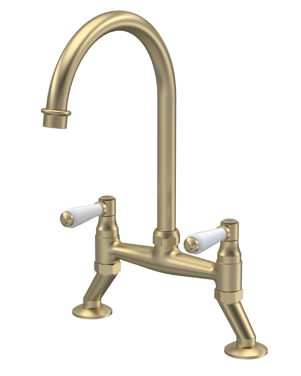 Launde Abbey Lever Handle Bridge Kitchen Sink Mixer Tap - Brushed Brass