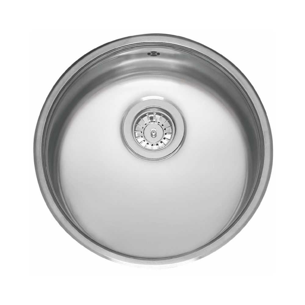 Reginox OKG Comfort round stainless steel kitchen sink with basket strainer and overflow, smooth finish for integrated installation