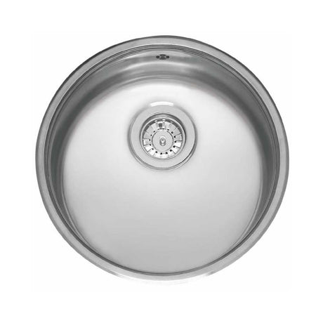 Reginox OKG Comfort round stainless steel kitchen sink with basket strainer and overflow, smooth finish for integrated installation
