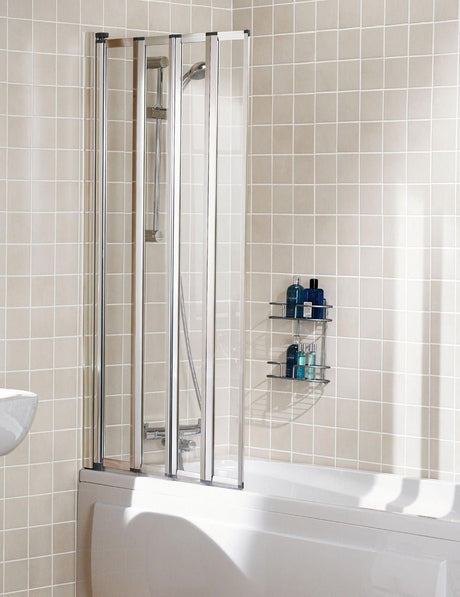Lakes Classic 4 Panel Framed 755mm x 1400mm Folding Bath Screen Silver Frame - 8mm Clear Glass - SS85S