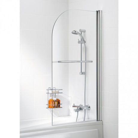 Lakes Classic Curved 800mm x 1400mm Hinged Silver Frame Bath Screen with Towel Rail - 6mm Clear Glass - SS11S