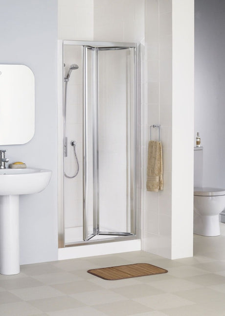 Lakes Classic Framed 750mm x 1850mm Bi-Fold Shower Door Silver Frame - 6mm Clear Glass - LK1B075S
