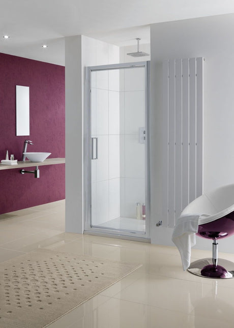 Lakes Narva Semi-Frameless 750mm x 2000mm Pivot Shower Door Silver Frame - 8mm Clear Glass - 8HP075S