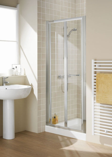Lakes Classic Semi-Frameless 900mm x 1850mm Bi-Fold Shower Door Silver Frame - 6mm Clear Glass - LKVB090S