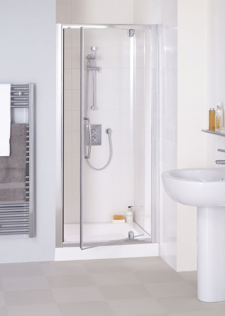 Lakes Classic Semi-Frameless 750mm x 1850mm Pivot Shower Door Silver Frame - 6mm Clear Glass - LKVP075S