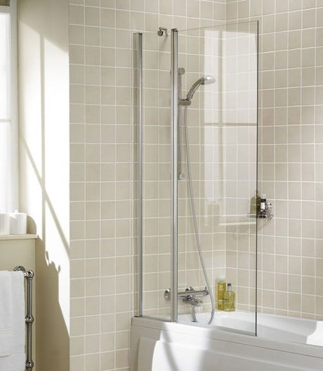 Lakes Classic Square 970mm x 1500mm Twin Panel Hinged Silver Frame Bath Screen - 6mm Clear Glass - SS60S
