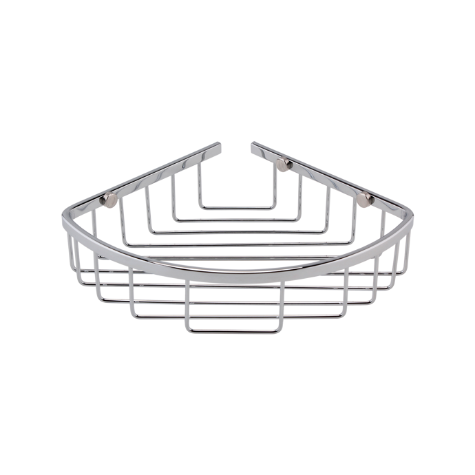 Nuie Storage Chrome traditional deep corner shower basket made of solid brass with a chrome finish for rust resistance and ample storage.
