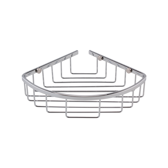 Nuie Storage Chrome traditional deep corner shower basket made of solid brass with a chrome finish for rust resistance and ample storage.
