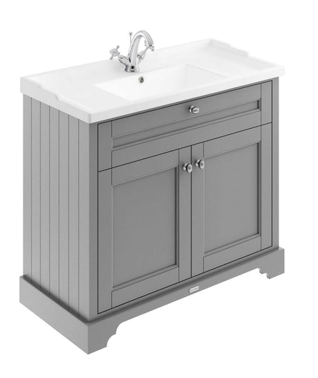 Hudson Reed Old London traditional floor standing vanity unit in storm grey with 1TH white basin and chrome faucet, 1000mm wide