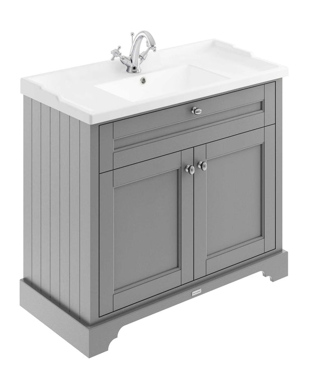 Hudson Reed Old London traditional floor standing vanity unit in storm grey with 1TH white basin and chrome faucet, 1000mm wide