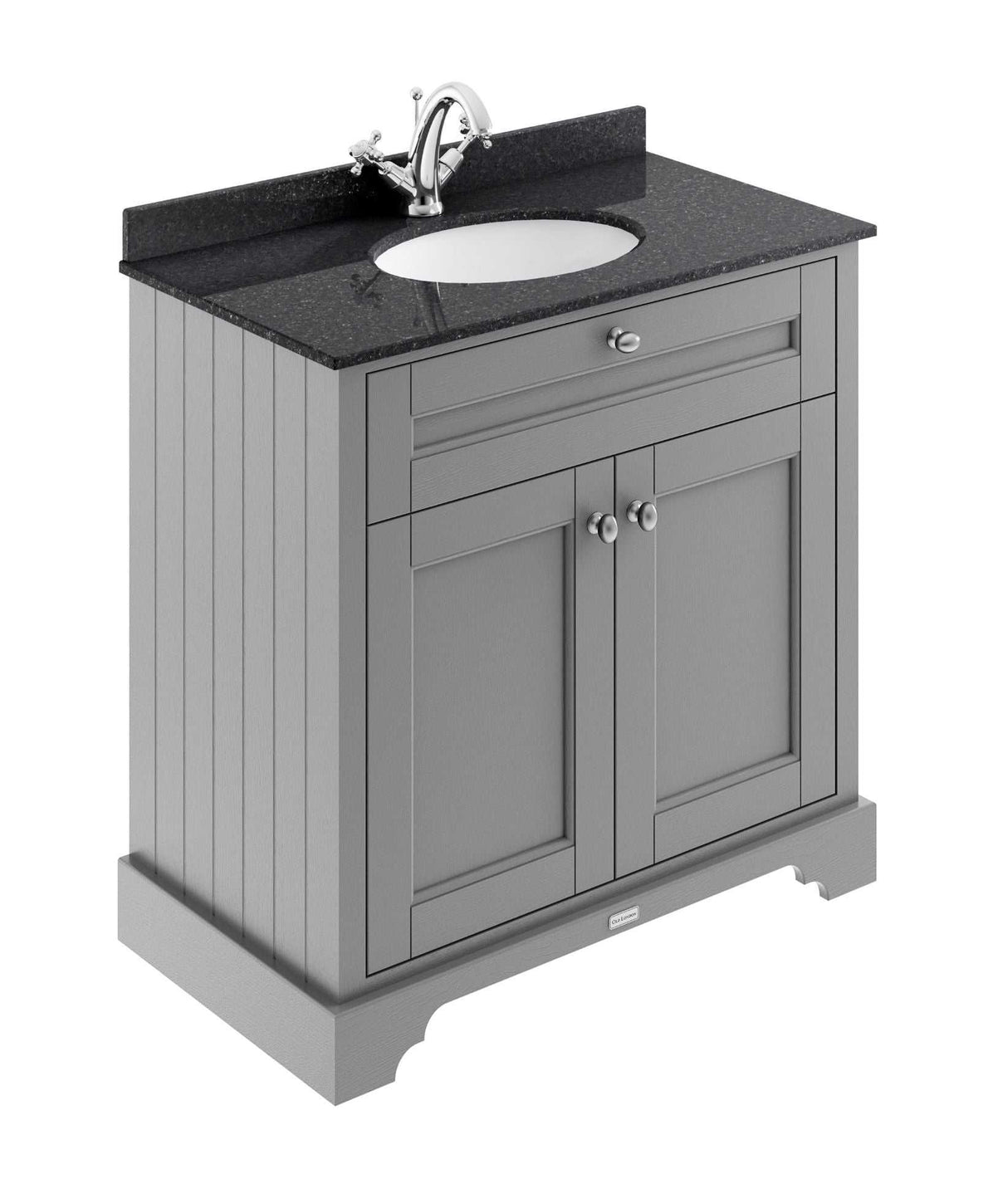 Hudson Reed Old London traditional storm grey floor standing vanity unit with black marble top basin and storage cabinet