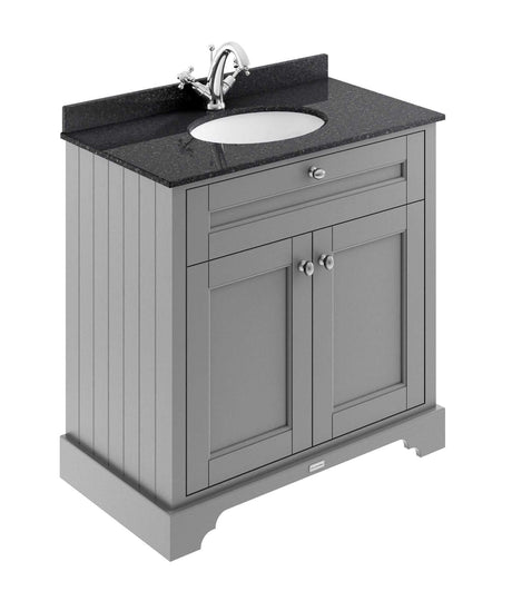 Hudson Reed Old London traditional storm grey floor standing vanity unit with black marble top basin and storage cabinet