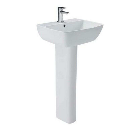 Britton My Home 40cm white pedestal basin with one tap hole and overflow, modern smooth gloss finish.