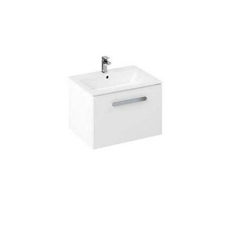 Britton My Home 600mm wall hung white bathroom vanity unit with single drawer and handle, MDF construction with laminate surface.
