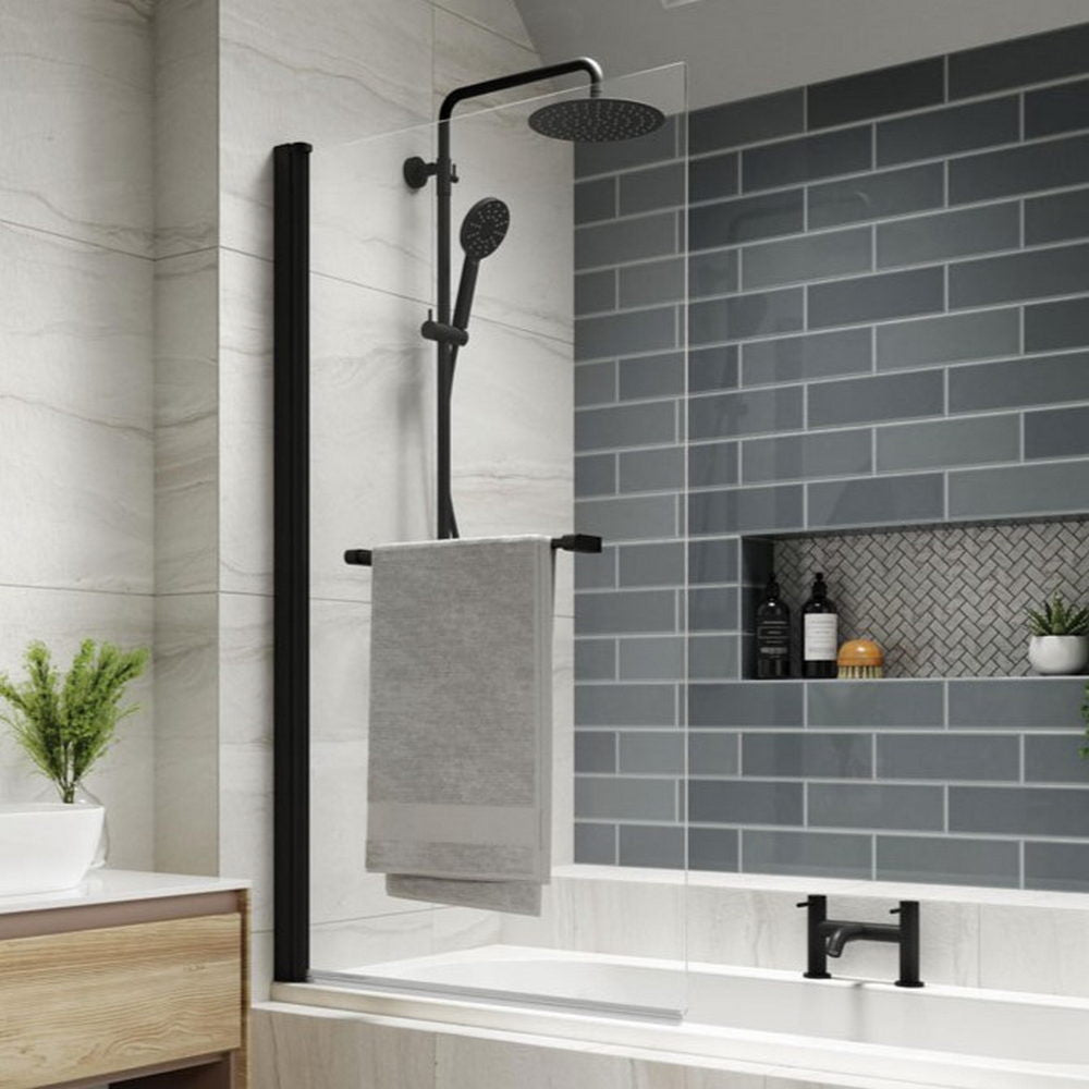 Kudos Inspire Single Panel 6mm Bath Screen with Towel Rail - Matt Black - 3BASC6SMBK - TAP 'N' SHOWER