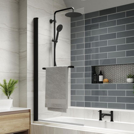 Kudos Inspire Single Panel 6mm Bath Screen with Towel Rail - Matt Black - 3BASC6SMBK