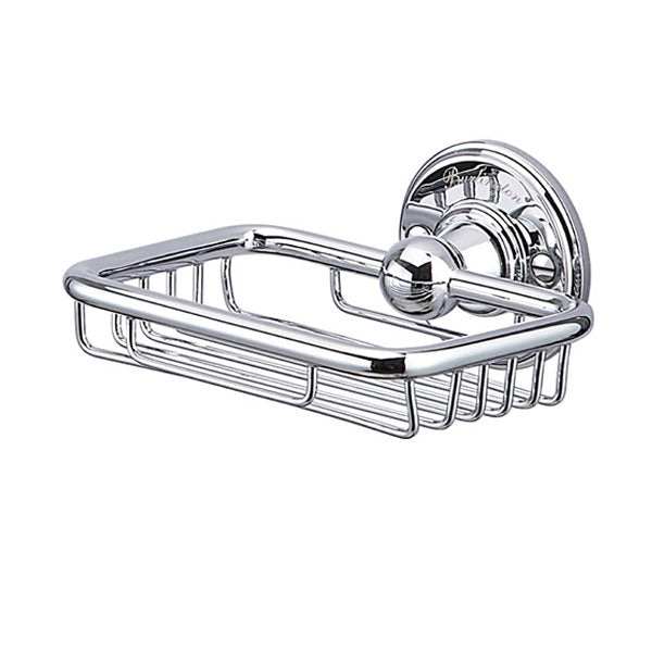 Chrome wall mounted wire soap basket with traditional design and durable construction for bathroom organization