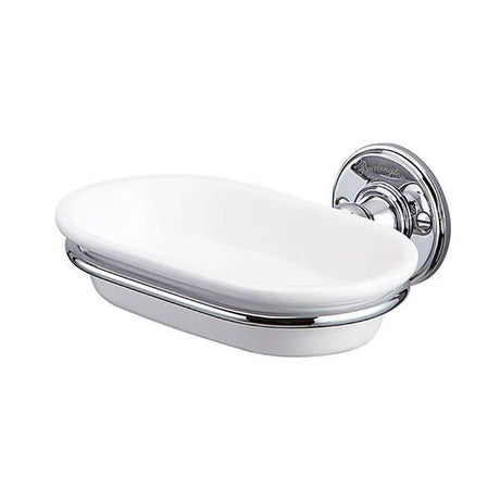 Traditional white and chrome wall mounted soap dish with durable construction and elegant design for bathroom decor and space efficiency