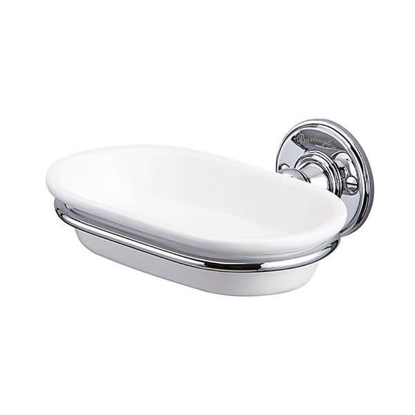 Traditional white and chrome wall mounted soap dish with durable construction and elegant design for bathroom decor and space efficiency