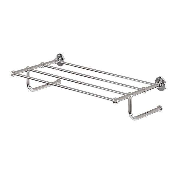 Burlington Traditional 660mm wide chrome towel rack with three-tier brass design for bathroom organization and durability