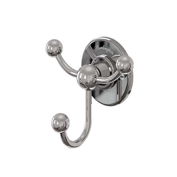 Burlington Traditional wall mounted triple robe hook in chrome finish with three rounded hooks for bathroom organization